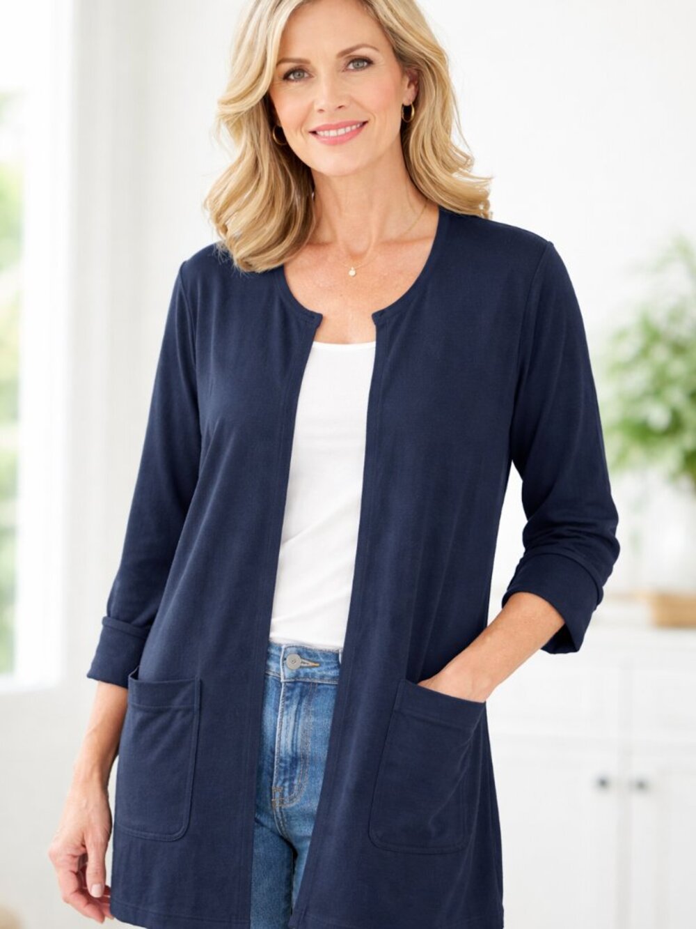 Garnet Hill Open Front Cardigan Women Large Navy Cotton Modal Studded Longline